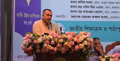 Mahdi Amin speaks at a workshop organised by the National Curriculum and Textbook Board (NCTB) at the International Mother Language Institute auditorium 