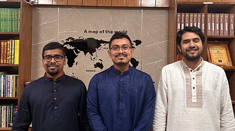 Shadik Kayem (middle) with Shibir President Nurul Islam Saddam (left) and Secretary Sibgatullah Sibga (right).