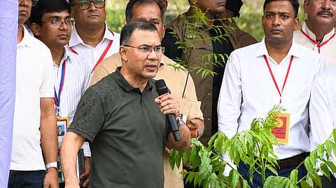 Prime Minister Tarique Rahman addresses people at an event in Gournadi, Barishal on Monday 