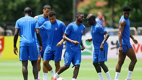 France's William Saliba, Kylian Mbappe, Ousmane Dembele, Ngolo Kante and Aurelien Tchouameni during training