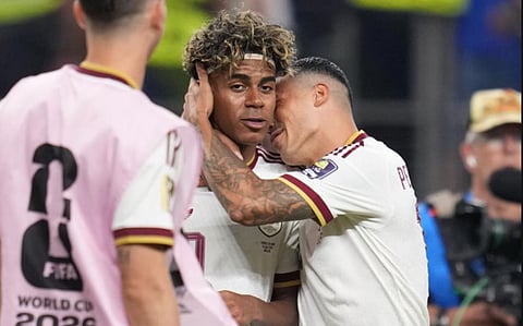 Spain's Pedro Porro, right, and Spain's Yamal celebrate after the World cup semi final soccer match between France and Spain in Arlington, Texas on Tuesday.
