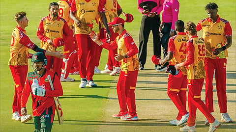 Zimbabwe players celebrate after winning the first T20I against Bangladesh in Bulawayo on Wednesday.