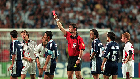 England's David Beckham is shown the red card during their second round match at the 1998 World Cup.