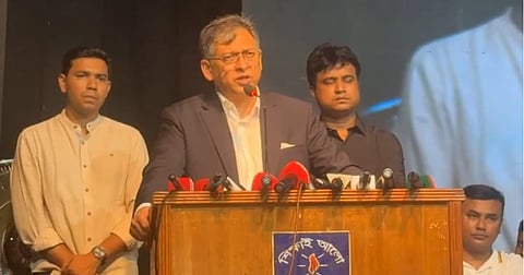 Home Minister Salahuddin Ahmed speaking at a discussion at the TSC Auditorium of Dhaka University.