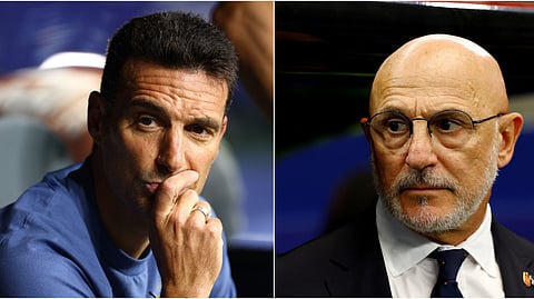 Argentina coach Lionel Scaloni (L), Spain coach Luis de la Fuente