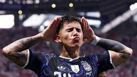 Argentina's Enzo Fernandez celebrates scoring their first goal against England in the World Cup semifinal