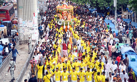 Ratha Yatra begins in Dhaka as thousands of devotees join colourful chariot procession from Swamibagh Ashram. 
