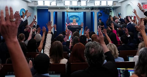 White House press secretary Karoline Leavitt speaks with reporters in the James Brady Press Briefing Room at the White House, Thursday, July 16, 2026, in Washington.