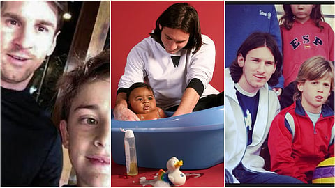 Lionel Messi pictured alongside Gavi (L), Lamine Yamal (C) and Dani Olmo (R)