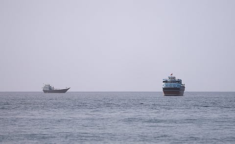 Vessels at the Strait of Hormuz, as seen from Musandam, Oman, July 17, 2026.