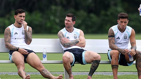 Argentina's Lionel Messi, Leandro Paredes and Enzo Fernandez during training in Atlanta on July 16
