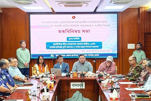 At a review and coordination meeting on the post-flood situation at the conference room of local Deputy Commissioner's Office