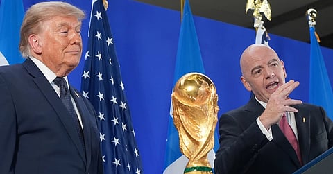 US President Donald Trump listens as FIFA President Gianni Infantino speaks at a reception at Trump Tower in New York, Friday, July 17, 2026