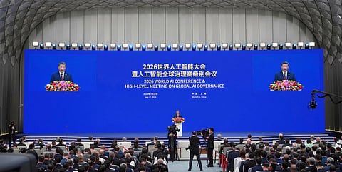 Chinese President Xi Jinping speaks at the opening ceremony for the World AI Conference in Shanghai, Friday, July 17, 2026.