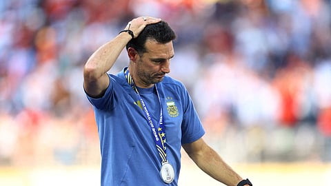 Argentina coach Lionel Scaloni wears his runners up medal during the trophy presentation after the FIFA World Cup 2026 final in New Jersey on Monday
