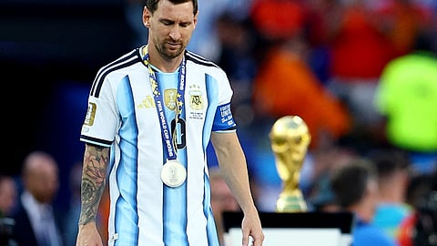 Argentina's Lionel Messi walks away with the runners-up medal after the World Cup 2026 final against Spain