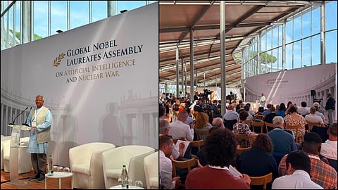 Muhammad Yunus delivers his opening address at the Global Nobel Laureates Assembly on Artificial Intelligence and Nuclear War in Castel Gandolfo, Italy, on 16 July 2026.