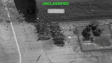 Military equipment targeted at an unknown location, during what the U.S. Central Command (CENTCOM) says are strikes on Iran, in this screengrab taken from a handout video released on July 21, 2026.