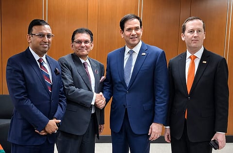 US Secretary of State Marco Rubio shakes hands with Bangladesh Foreign Minister Dr. Khalilur Rahman.
