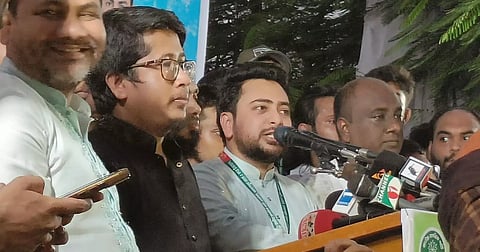 National Citizen Party (NCP) Convener Nahid Islam speaking at a roadside rally at Foujdari intersection in Jamalpur on July 24, 2026.