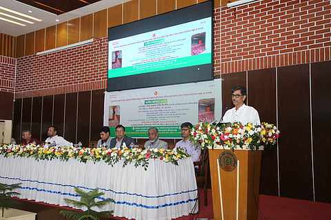 Agriculture and Fisheries & Livestock Minister Mohammad Amin Ur Rashid addresses a national workshop on improving farmer-level onion storage at the BARC in Dhaka on Thursday. 