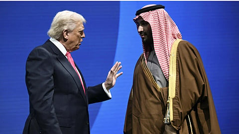 US President Donald Trump speaks with Saudi Crown Prince Mohammed bin Salman.