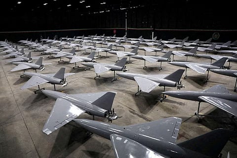 Iranian drones are displayed during a ceremony of the joining new drones to the Iranian Army's combat organisation in an undisclosed location in Iran, in this handout image obtained on January 13, 2025. 