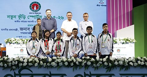 Prime Minister Tarique Rahman at the closing ceremony of Notun Kuri Sports 2025-26 at the Bangladesh Army Stadium on July 27, 2026.
