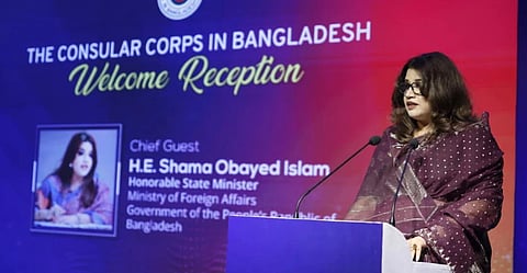 State Minister for Foreign Affairs Shama Obaed Islam speaks at a reception hosted by the Consular Corps in Bangladesh (CCB) in Dhaka on Monday.