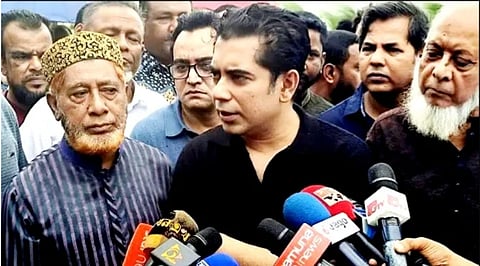 Bangladesh Jatiya Party Chairman Barrister Andaleeve Rahman Partho, MP, speaks to journalists in Bhola Sadar on Tuesday.