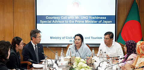 Civil Aviation and Tourism Minister Afroza Khanam holds talks with Japanese Prime Minister's Special Adviser Uno Yoshimasa at the Secretariat on Tuesday.