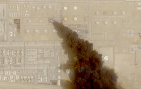 A satellite image shows trail of smoke rising from an oil facility, in Jizan, Jazan province, Saudi Arabia, July 26, 2026. Yemen's Iran-aligned Houthis said on Saturday, July 25, that they carried out operations targeting Saudi Aramco facilities in Jizan and Yanbu, according to a statement by the group's military spokesperson