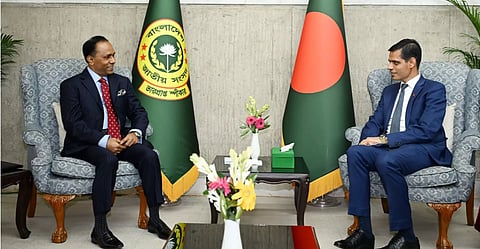 Acting Speaker Barrister Kayser Kamal meets Nepal's Ambassador to Bangladesh Ghanshyam Bhandari at the Jatiya Sangsad on Wednesday.