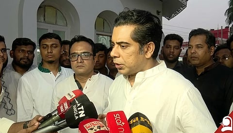 Barrister Andaleeve Rahman Partho speaks to journalists after visiting erosion-hit areas at Ilisha and Rajapur under Bhola sadar on Thursday.
