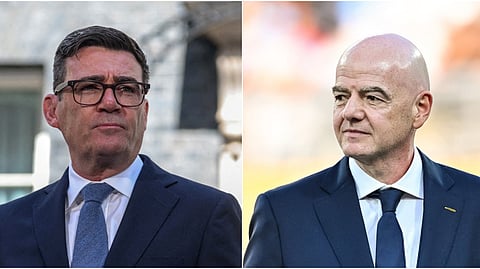 UK prime minister Andy Burnham (L), FIFA president Gianni Infantino