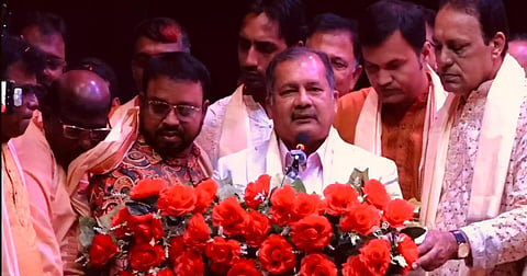 Information and Broadcasting Minister Zahir Uddin Swapon speaks at the biennial conference of the Barishal district unit of the Bangladesh Puja Udjapan Parishad in Barishal on Friday.