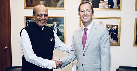 Indian High Commissioner to Bangladesh Dinesh Trivedi meets US Special Envoy for South and Central Asia Sergio Gor at a hotel in Dhaka on Friday.