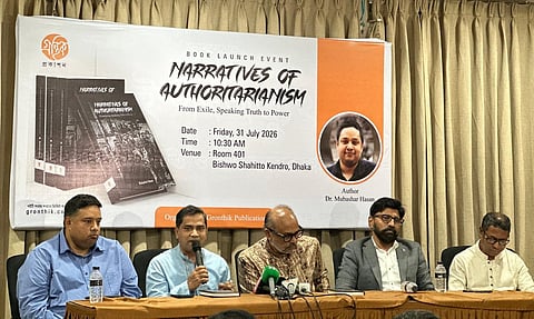 Speakers attend the launch of Narratives of Authoritarianism: From Exile, Speaking Truth to Power at Bishwo Sahitto Kendro in Dhaka on Friday.