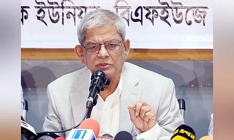 Local Government, Rural Development and Cooperatives Minister Mirza Fakhrul Islam Alamgir speaks at the National Press Club on Monday.