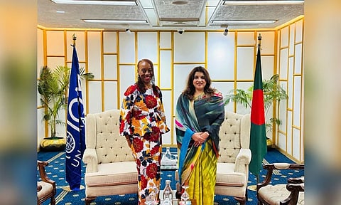 IOM Deputy Director General for Operations Ugochi Daniels pays a courtesy call on State Minister for Foreign Affairs Shama Obaed Islam at the foreign ministry.