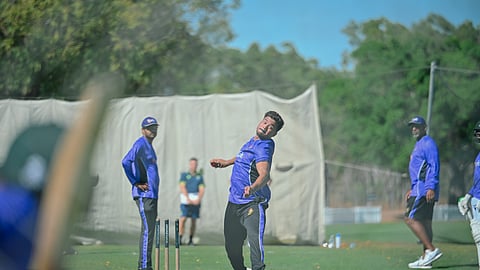 Bangladesh's Taskin Ahmed bowls during a training session at the DXC Arena in Darwin on Monday.