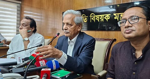 Cultural Affairs Minister Nitai Roy Chowdhury speaks at a press briefing at the Secretariat on Tuesday. 