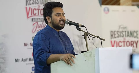 National Citizen Party (NCP) Convener and Chief Whip of the Opposition Nahid Islam  addressing a discussion in the capital's Aftabnagar organised by the combined private university unit of Jatiya Chhatra Shakti to mark the 2nd anniversary of the July uprising on August 4, 2026.

