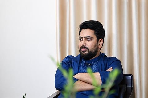 Nahid Islam inside his apartment in Dhaka on Tuesday, speaking to Waadaa team
