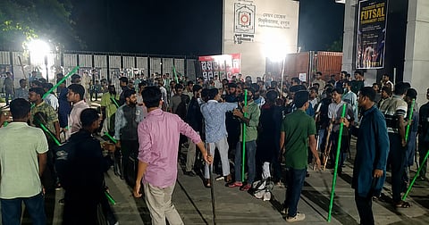 Chhatra Dal and Chhatrashibir activists gather during a violent confrontation at Begum Rokeya University in Rangpur on Monday night.