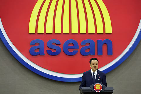 Thailand's Prime Minister Anutin Charnvirakul gives a speech during his visit to the Association of Southeast Asian Nations (ASEAN) Secretariat in Jakarta, Indonesia, August 4, 2026.