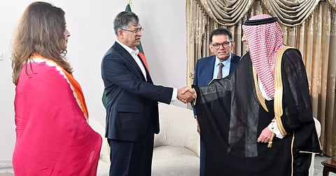 Home Minister Salahuddin Ahmed shakes hands with Saudi Vice Minister for Foreign Affairs Eng Waleed Elkhereji at the state guesthouse Padma in Dhaka on Tuesday.