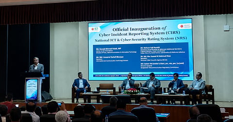Science and Technology Minister Fakir Mahbub Anam speaks at the inauguration of the Cyber Incident Reporting System (CIRS) at the Bangladesh Computer Council (BCC) auditorium in Agargaon on Tuesday. 