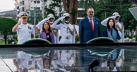 Visiting US Pacific Fleet Commander Admiral Steve Koehler lays a wreath at Shikha Anirban (the Eternal Flame), paying tribute to the members of the Bangladesh Armed Forces who made the ultimate sacrifice during the 1971 Great Liberation War.