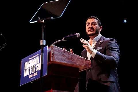 US Senate Democratic candidate Abdul El-Sayed speaks on stage, with vote counting continuing for Michigan's Democratic US Senate primary, during an election night rally in Detroit, Michigan, US, August 5, 2026